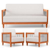 Kit 02 Poltronas E 01 Sofá Samoa Madeira Maciça Com Cordas Náutica Linho Natural - Desk Design - 1