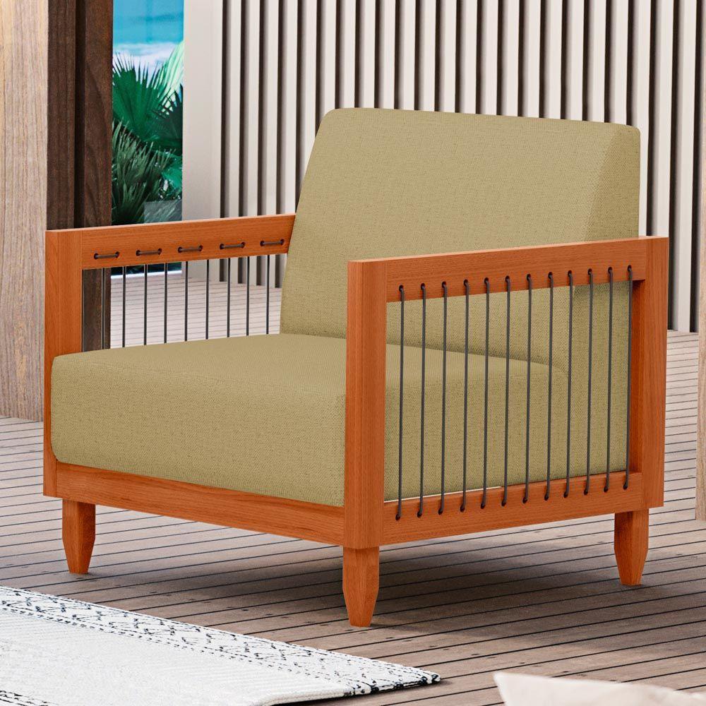 Poltrona Decorativa Varanda Samoa Madeira Maciça Com Cordas Náutica Linho Dourado - Desk Design - 7