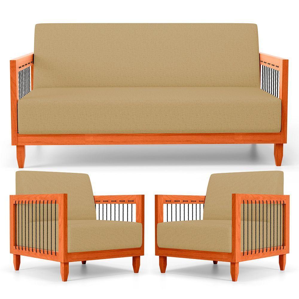 Kit 02 Poltronas E 01 Sofá Samoa Madeira Maciça Com Cordas Náutica Linho Dourado - Desk Design - 1