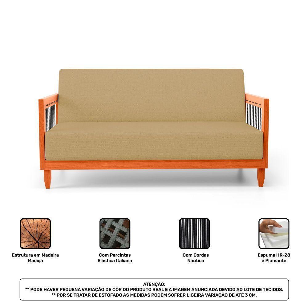 Kit 02 Poltronas E 01 Sofá Samoa Madeira Maciça Com Cordas Náutica Linho Dourado - Desk Design - 5