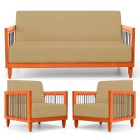 Kit 02 Poltronas E 01 Sofá Samoa Madeira Maciça Com Cordas Náutica Linho Dourado - Desk Design - 1