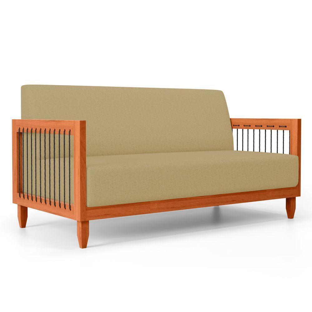 Sofá Varanda Samoa Madeira Maciça 02 Lugares Com Cordas Náutica Linho Dourado - Desk Design - 1