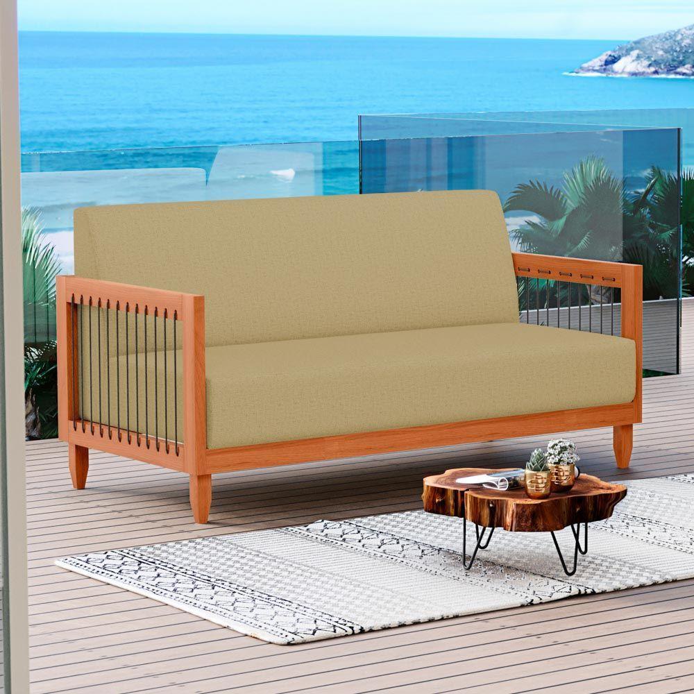 Sofá Varanda Samoa Madeira Maciça 02 Lugares Com Cordas Náutica Linho Dourado - Desk Design - 2