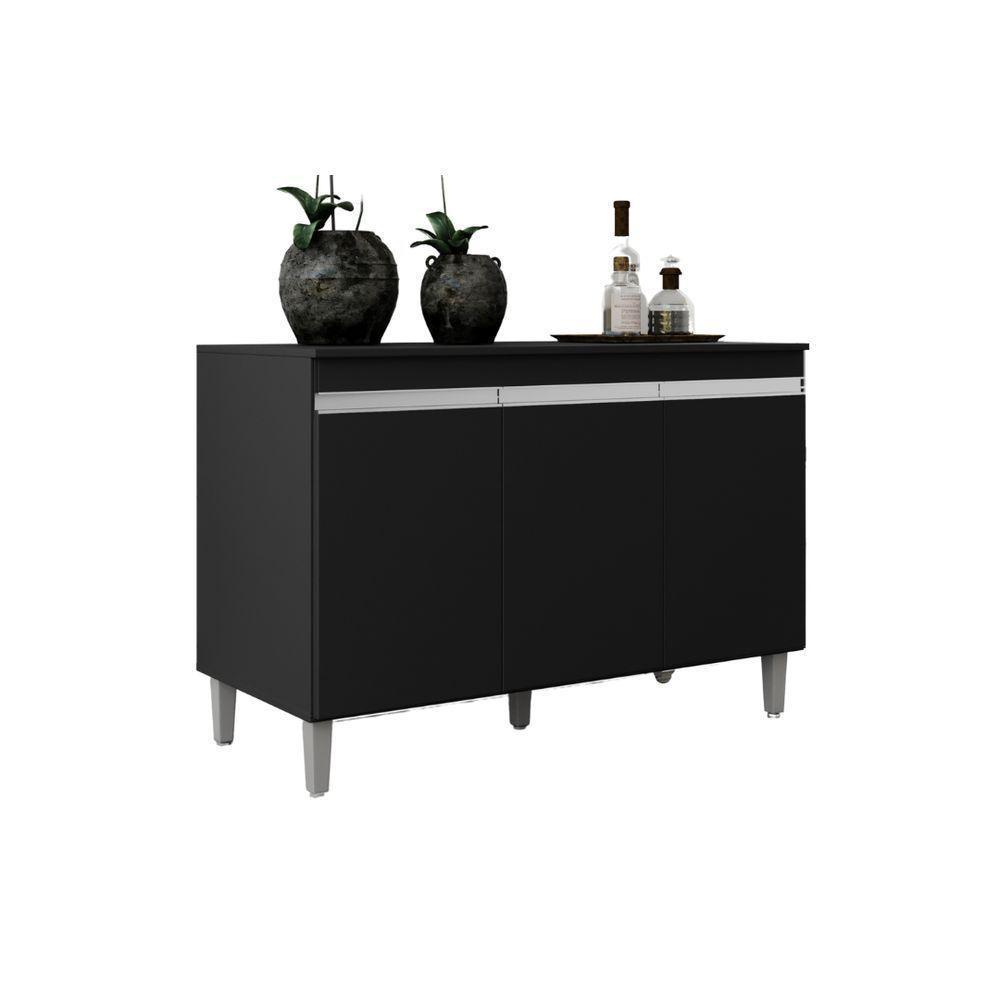 Balcão Gabinete Manu 120cm 3 Portas S-tampo Preto - 1