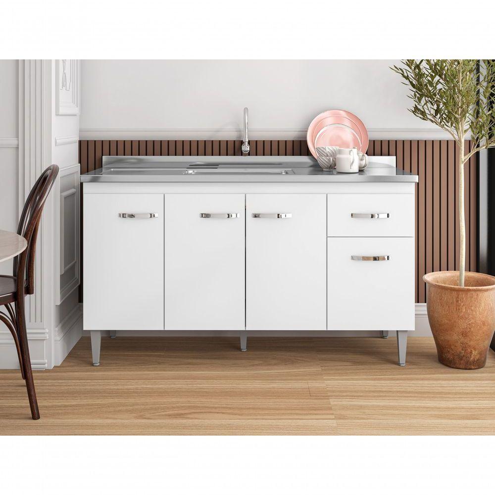 Balcão Gabinete Para Pia Gabriela Sem Tampo 150cm 4 Portas 1 Gaveta Branco - 4