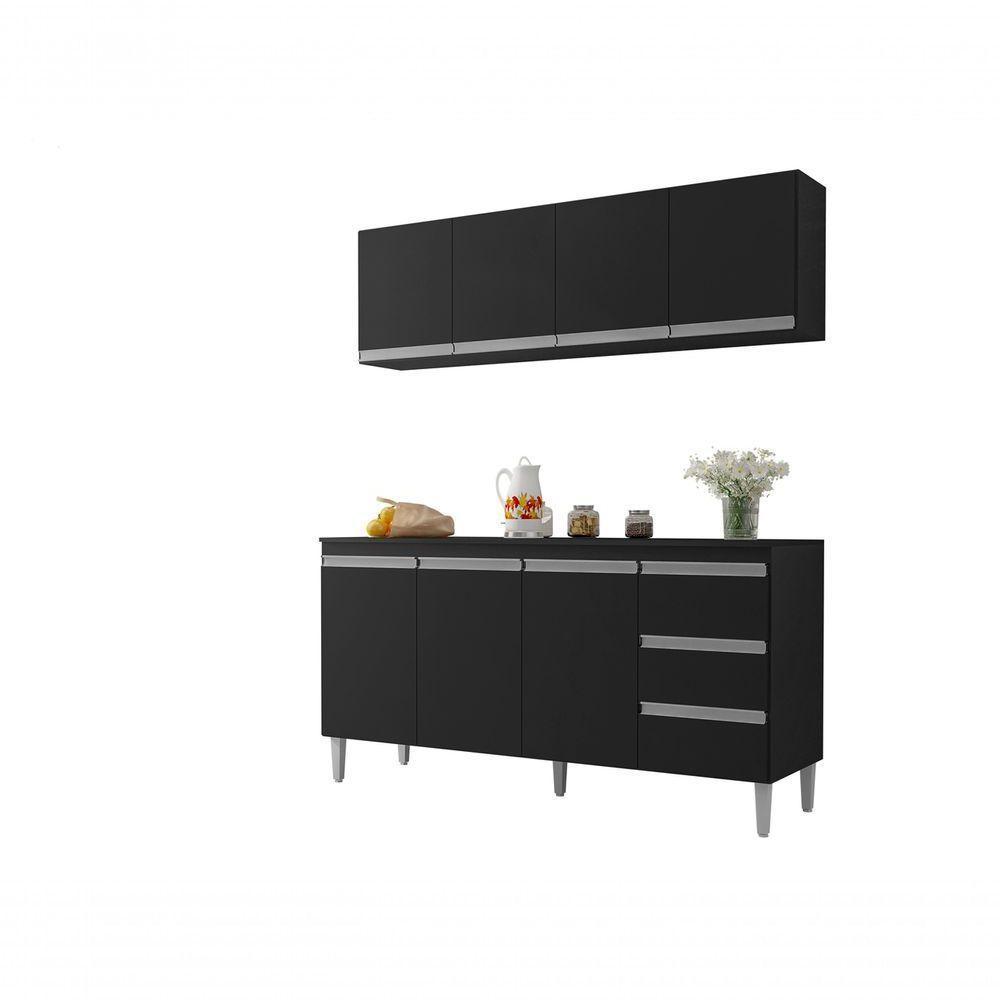 Balcão Gabinete Andreia 160cm C-tampo E Armário Aéreo 4 Portas 160cm Preto - 1