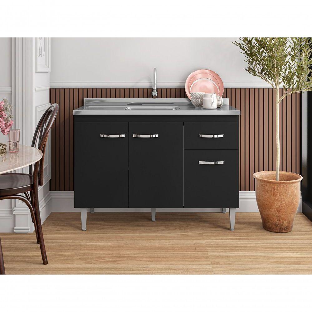 Balcão Gabinete Para Pia Gabriela Sem Tampo 120cm 3 Portas 1 Gaveta Preto - 4