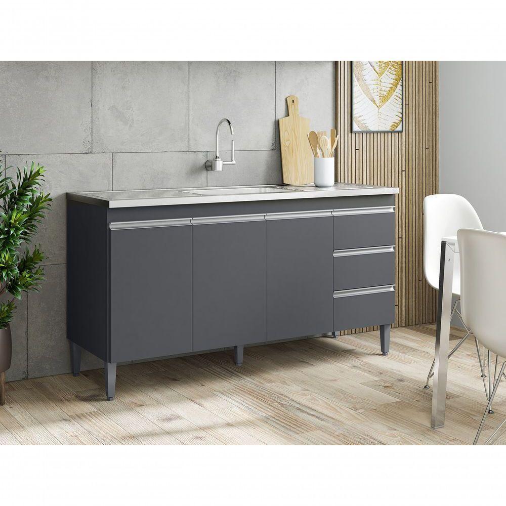 Balcão Armário Gabinete Para Pia Andreia S-tampo 150cm 3 Portas 3 Gavetas Cinza Fosco - 2