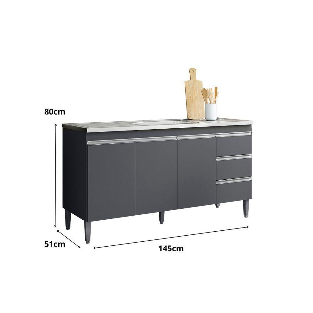Gabinete Balcão Para Pia Andreia Com Tampo 150cm 3 Portas 3 Gavetas Cinza Fosco - 4