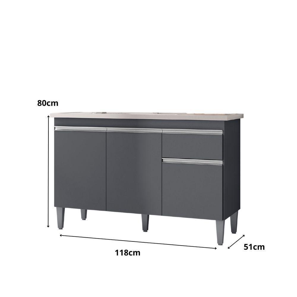 Balcão Gabinete Armário Tatiane 120cm 3 Portas E 1 Gaveta C-tampo Cinza - 3
