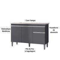 Balcão Gabinete Armário Tatiane 120cm 3 Portas E 1 Gaveta C-tampo Cinza - 2