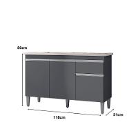 Balcão Gabinete Armário Tatiane 120cm 3 Portas E 1 Gaveta C-tampo Cinza - 3
