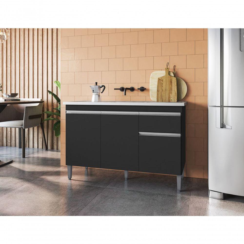 Balcão Gabinete Armário Tatiane 120cm 3 Portas E 1 Gaveta C-tampo Preto - 2