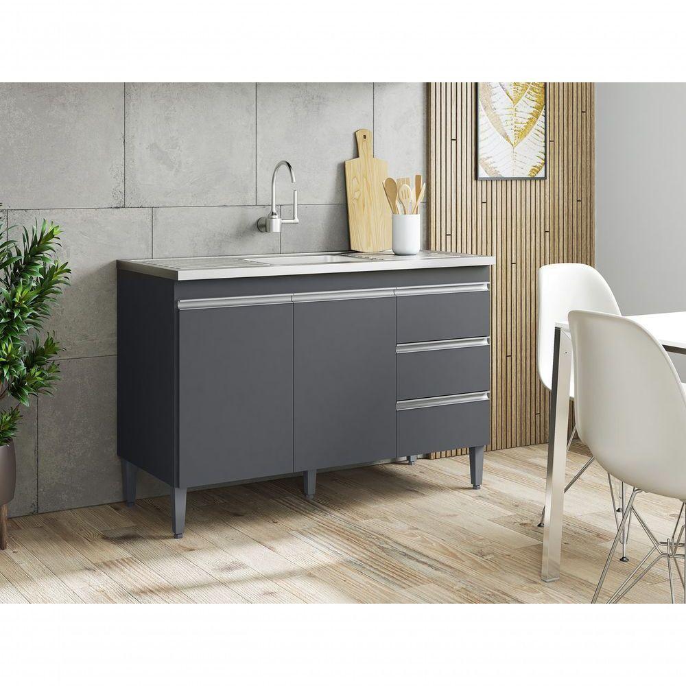 Balcão Gabinete Para Pia Andreia Sem Tampo 120cm 2 Portas 3 Gavetas Cinza Fosco - 2