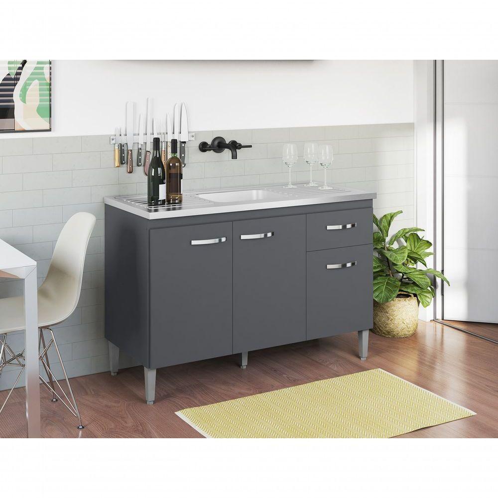 Balcão Gabinete Para Pia Gabriela Sem Tampo 120cm 3 Portas 1 Gaveta Cinza Fosco - 2