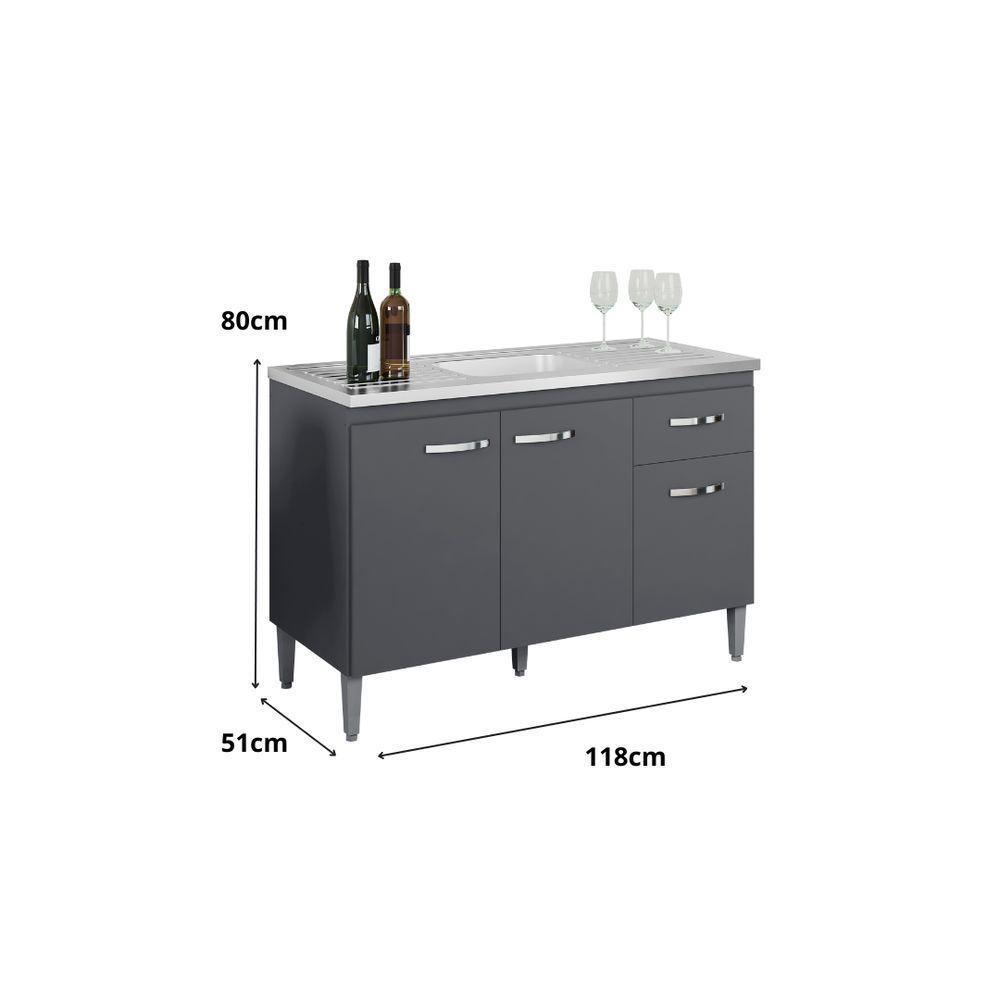Balcão Gabinete Para Pia Gabriela Sem Tampo 120cm 3 Portas 1 Gaveta Cinza Fosco - 4