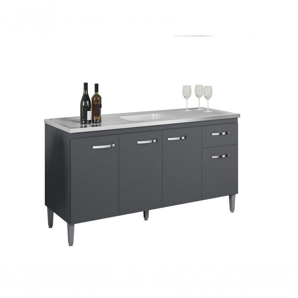 Balcão Gabinete Para Pia Gabriela Com Tampo 150cm 4 Portas 1 Gaveta Cinza Fosco - 1