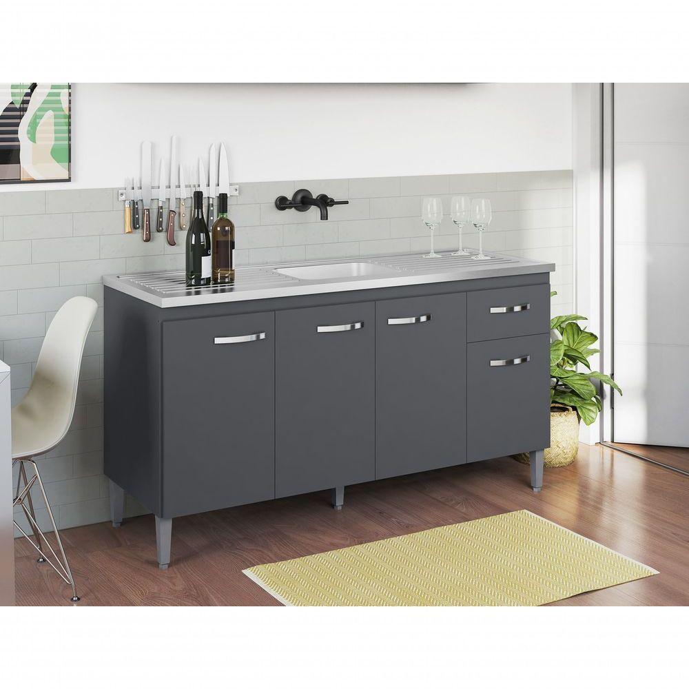 Balcão Gabinete Para Pia Gabriela Com Tampo 150cm 4 Portas 1 Gaveta Cinza Fosco - 2