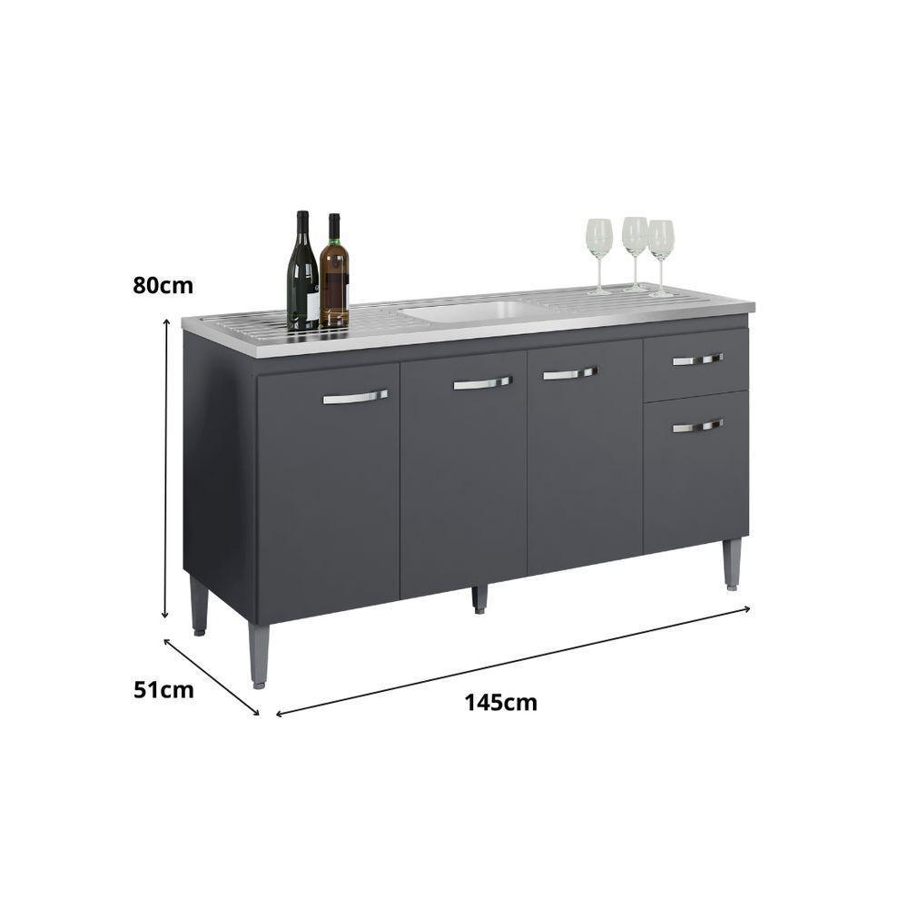 Balcão Gabinete Para Pia Gabriela Com Tampo 150cm 4 Portas 1 Gaveta Cinza Fosco - 3