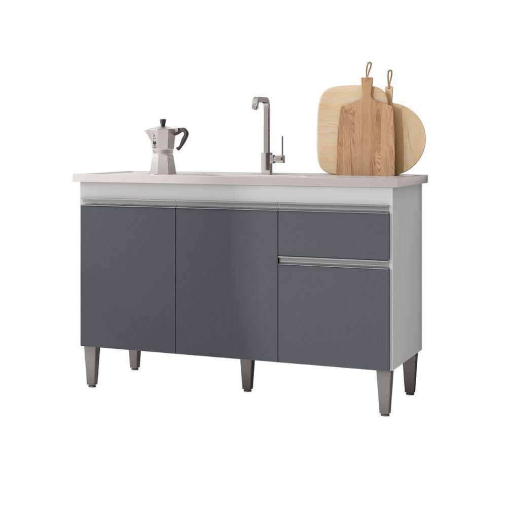 Balcão Gabinete P-pia Tatiane 120cm 3 Portas E 1 Gaveta C-tampo Cinza Claro - 1