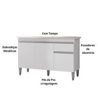 Balcão Gabinete Armário Tatiane 120cm 3 Portas E 1 Gaveta C-tampo Branco - 3