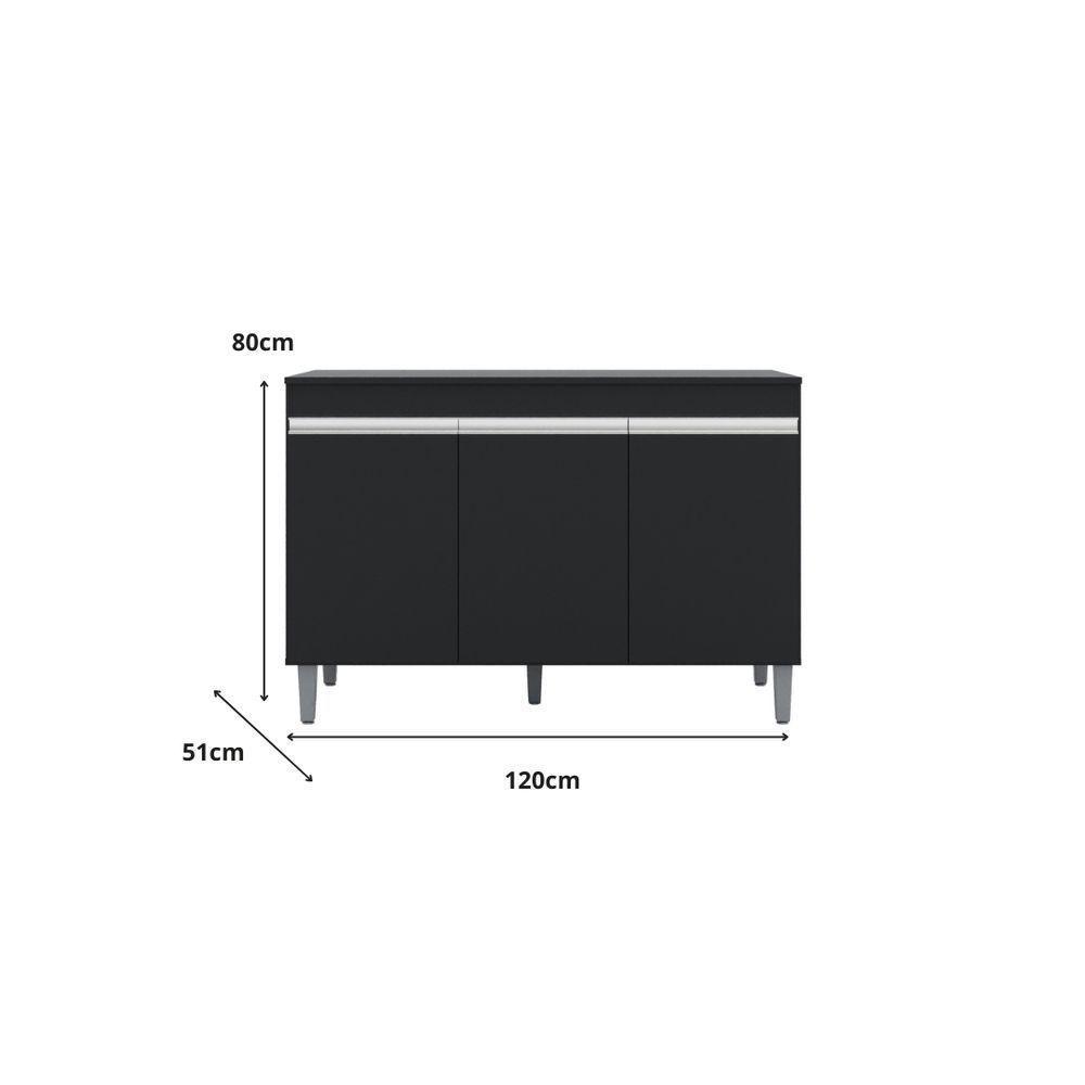 Balcão Gabinete Manu 120cm 3 Portas S-tampo Preto - 5