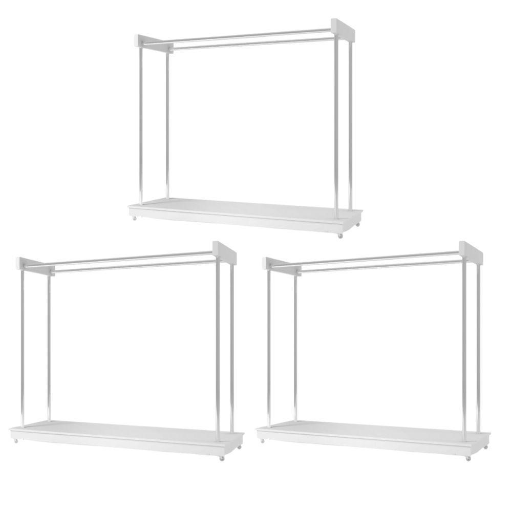 Expositor Kit 3 Araras Closet De Roupas Com Rodízios Aço Cromado Branco - 1