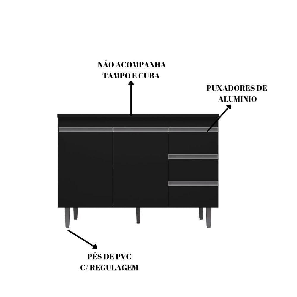 Balcão Gabinete Para Pia Andreia Sem Tampo 100cm 2 Portas 3 Gavetas Preto - 2