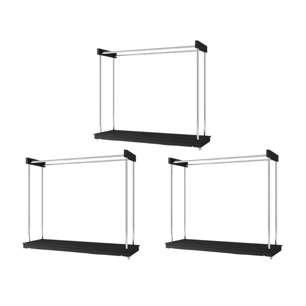 Kit 3 Araras Closet Expositor De Roupas Com Rodízios Aço Cromado Preto - Ideal - 1