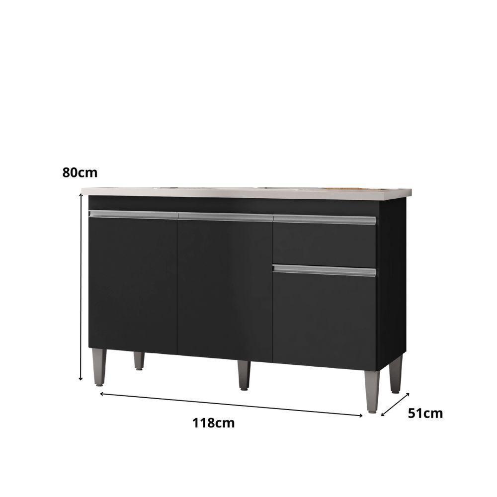 Balcão Gabinete P-pia Tatiane 120cm 3 Portas E 1 Gaveta C-tampo Preto - 3