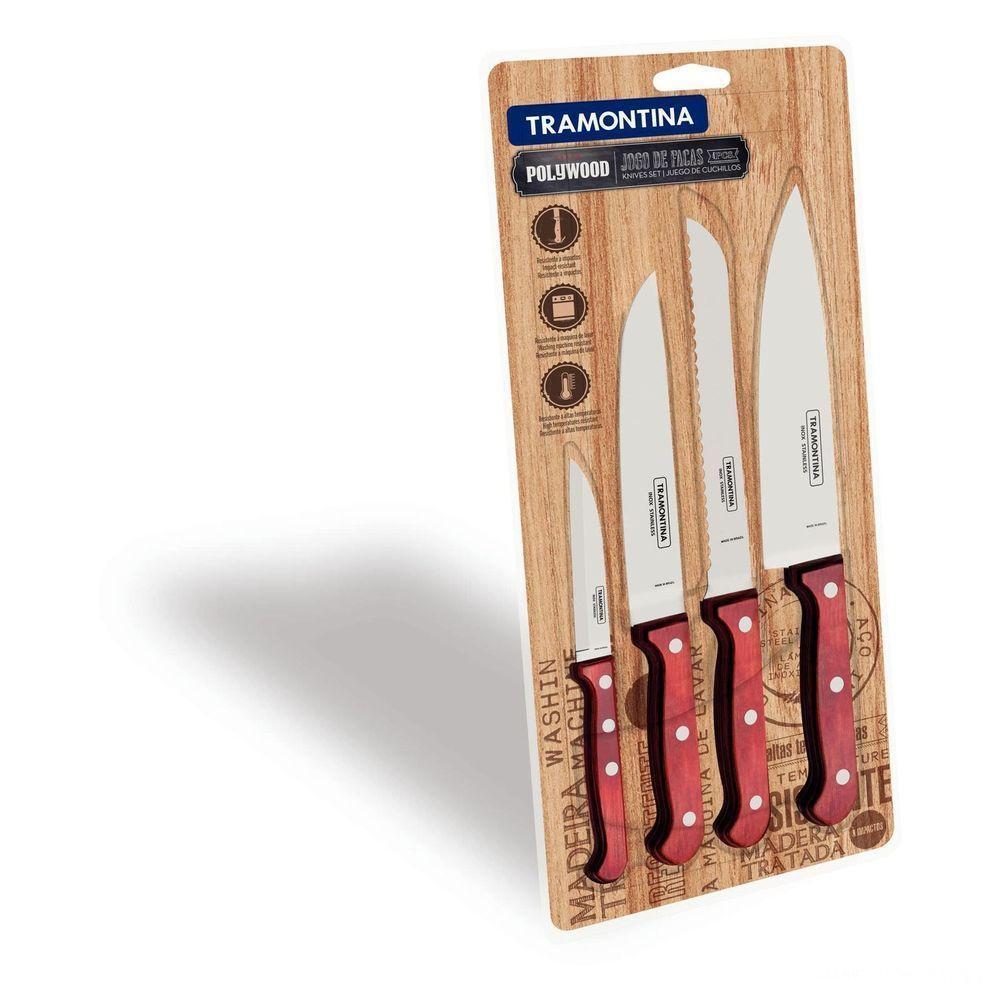 Jogo De Facas Polywood Com Lâminas Em Aço Inox E Cabos De Madeira Vermelho 4 Peças - 1