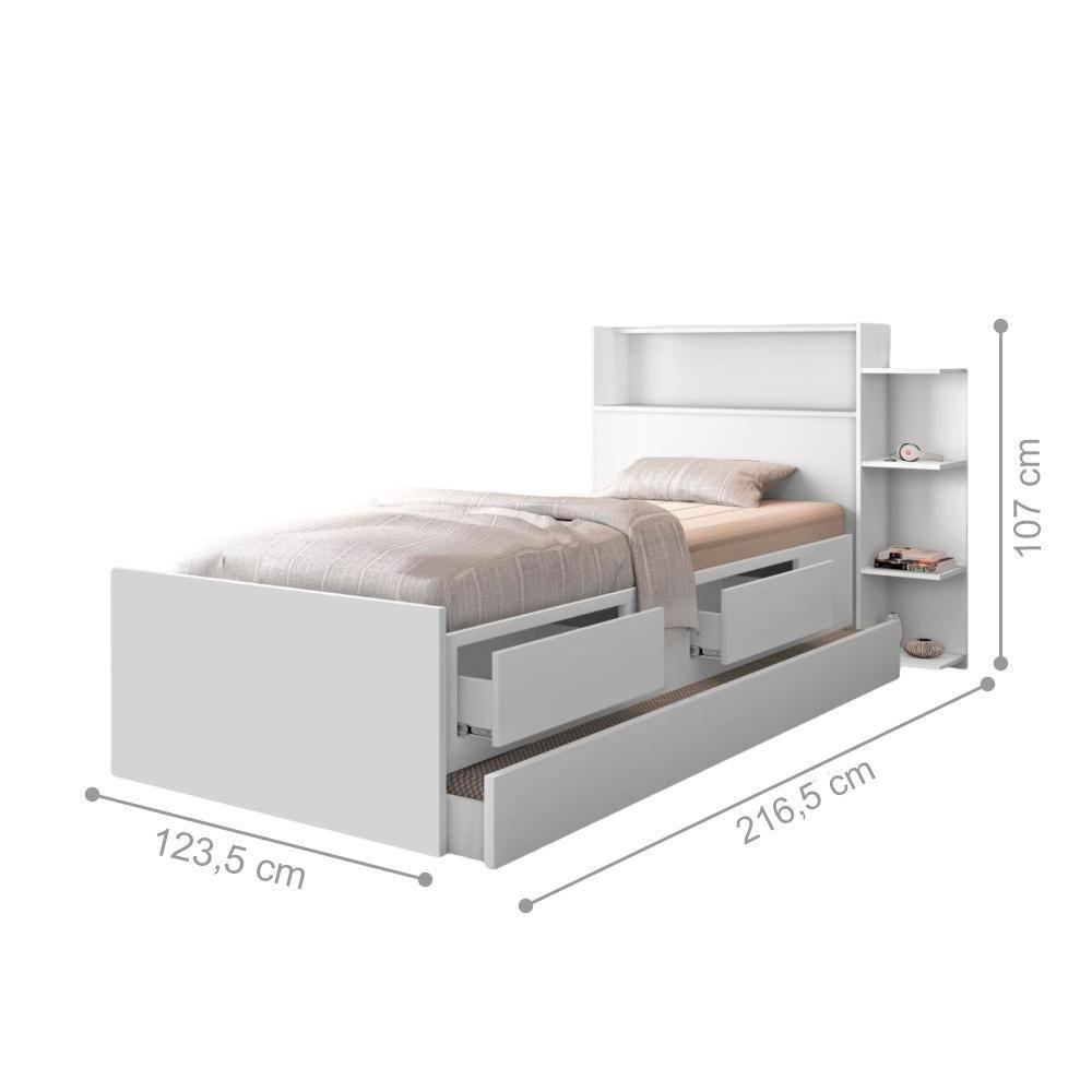 Cama Solteiro Com Baú Auxiliar E 2 Gavetas Sara Branco - 4