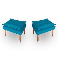 Kit 02 Puff Para Sala E Quarto Madeira Decorativo Opala Suede Cor Azul Turquesa - 1