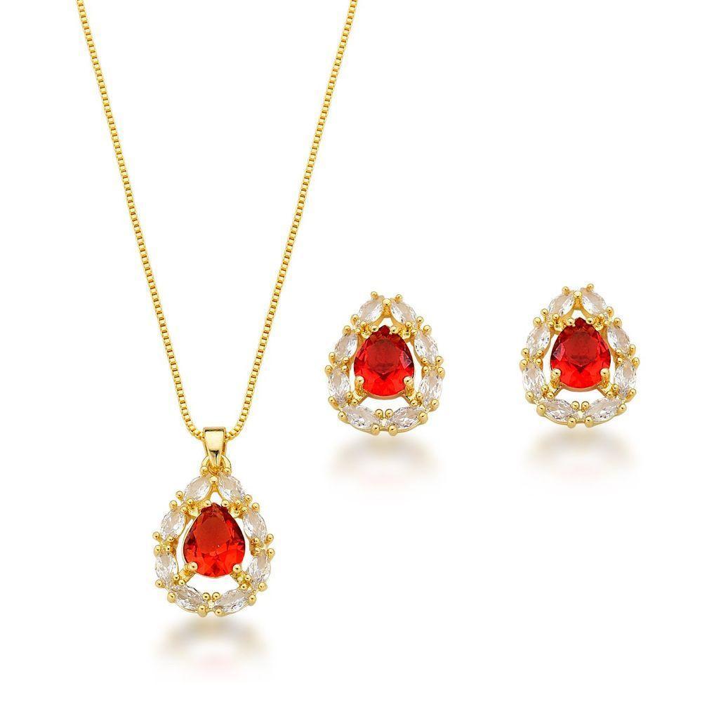 Conjunto Colar e Brincos Com Zirconia Gota Vermelha Banhada A Ouro 18k 60cm - 1
