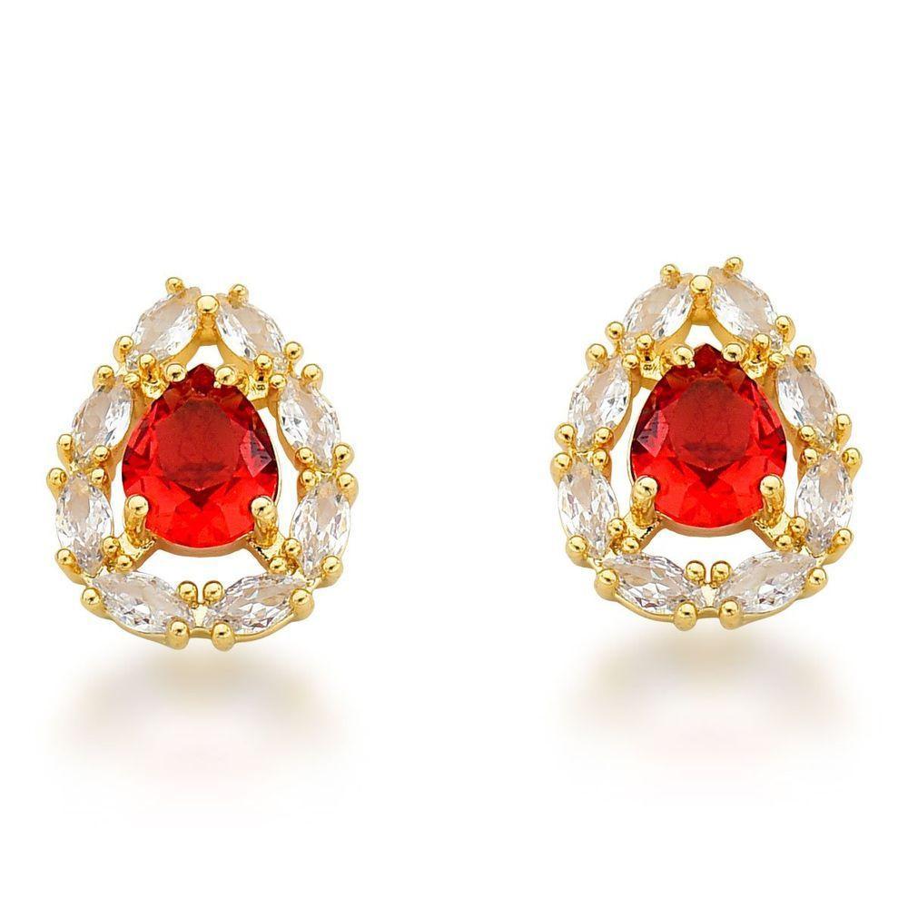 Conjunto Colar e Brincos Com Zirconia Gota Vermelha Banhada A Ouro 18k 60cm - 4
