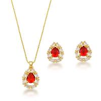 Conjunto Colar e Brincos Com Zirconia Gota Vermelha Banhada A Ouro 18k 60cm - 1