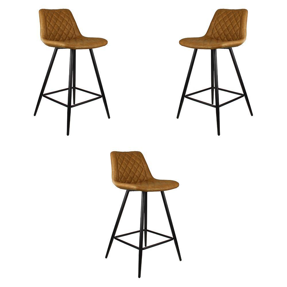 Kit 3 Banquetas Decorativas Magé Pu Matelassê C/apoio Para Os Pés Base Em Aço Marrom G56 - Gran Belo - 1