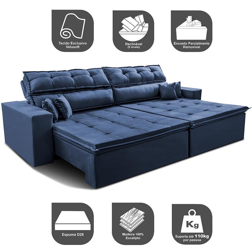 Sofá Retrátil E Reclinável 2,02m Luxos Cama Inbox Velusoft Azul - 2