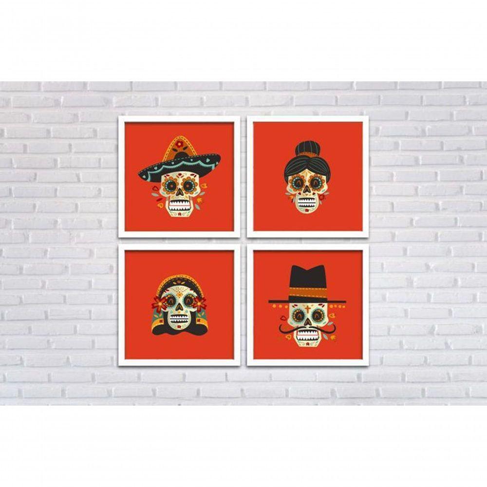 Conjunto Quadros Decorativos 4 Peças 40x40 Titulos Moldura Branca Fundo Laranja - 1
