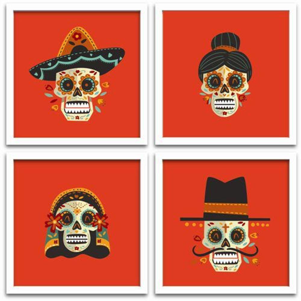 Conjunto Quadros Decorativos 4 Peças 40x40 Titulos Moldura Branca Fundo Laranja - 5