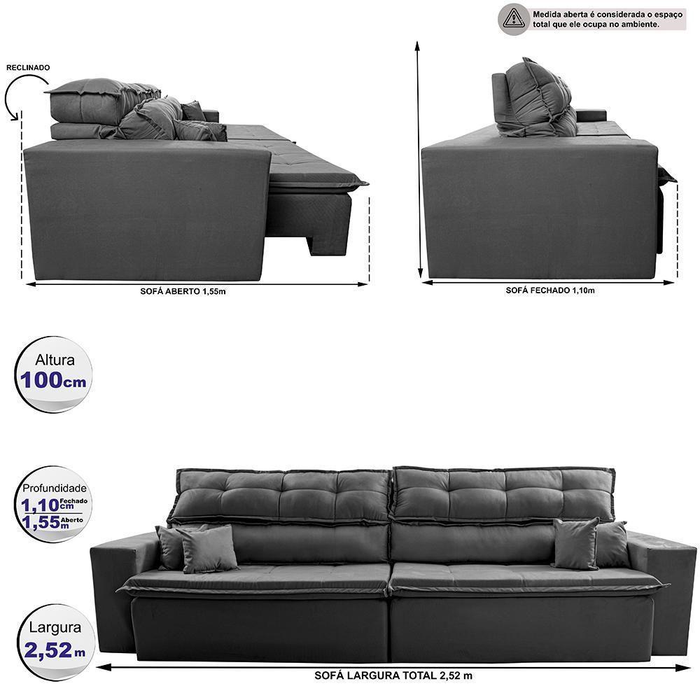 Sofá Retrátil E Reclinável 2,52m Luxos Cama Inbox Velusoft Cinza - 7