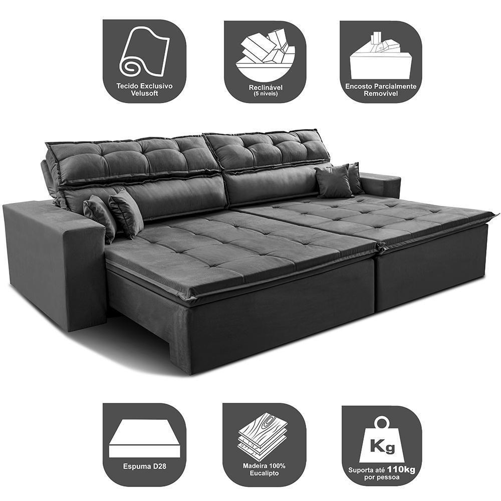 Sofá Retrátil E Reclinável 2,32m Luxos Cama Inbox Velusoft Cinza - 5