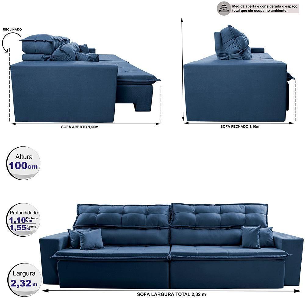 Sofá Retrátil E Reclinável 2,32m Luxos Cama Inbox Velusoft Azul - 3
