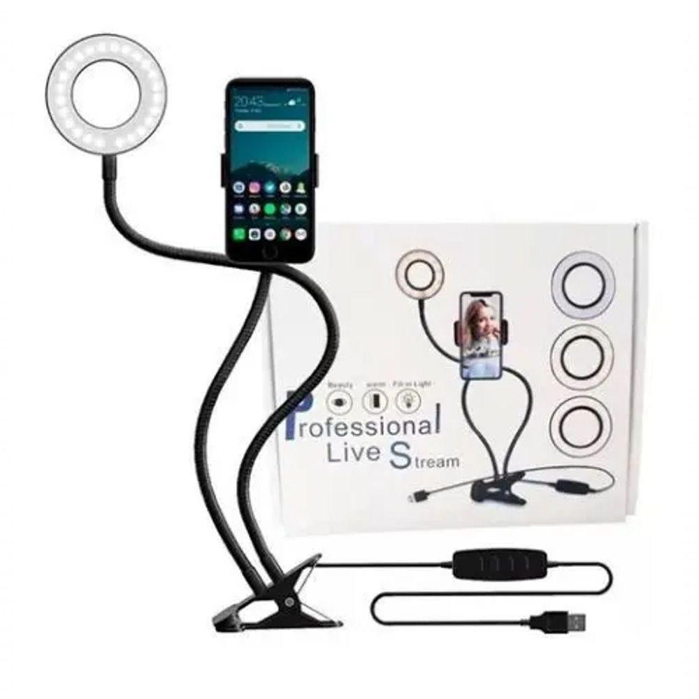 Iluminador Ring Light Suporte Celular Articulado Mesa Live Stream Controle - 1