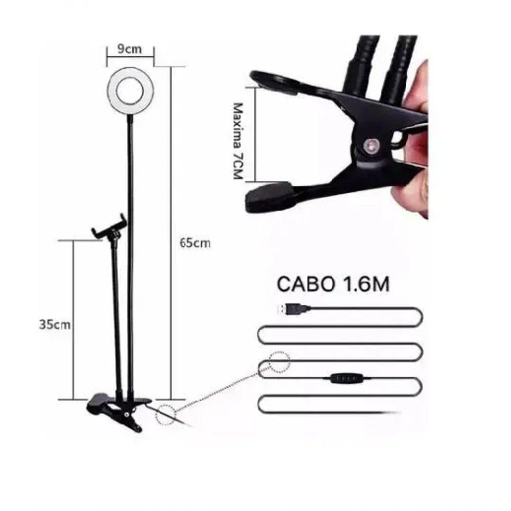 Iluminador Ring Light Suporte Celular Articulado Mesa Live Stream Controle - 3