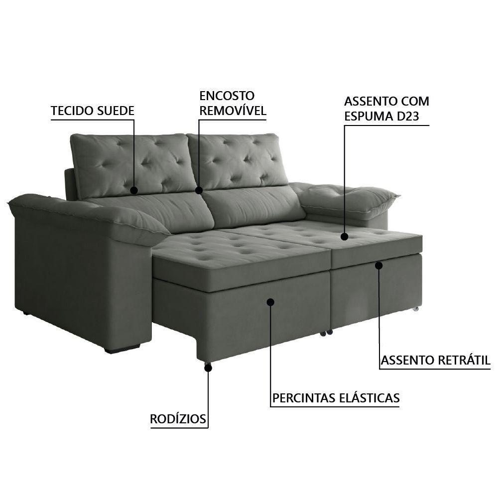 Sofá Retrátil 2 Lugares 1,50m Inglaterra Suede Cinza Selmer Cinza - 4