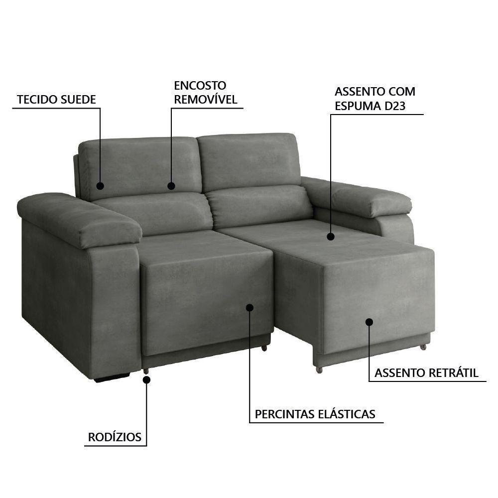 Sofá Desmontável Retrátil 2 Lugares 1,50m Fox Suede Cinza Selmer Cinza - 4
