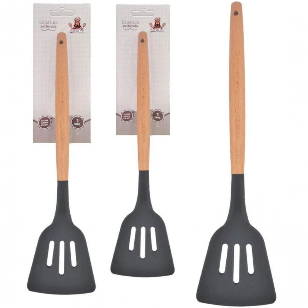 Espatula Vazada Silicone Grafite Cabo Madeira 32 Cm - Well - 1