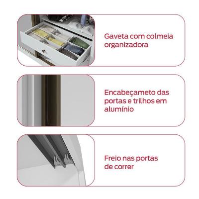 Guarda Roupa Casal Spazio 270 3 Portas de Correr 6 Gavetas Branco MDF Móveis Lopas