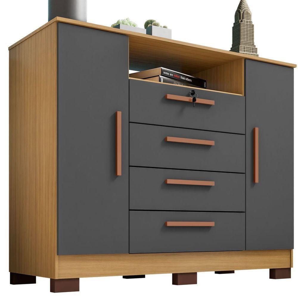 Cômoda Rack Madri 2 Portas 4 Gavetas - Casa Chick Carvalho Americano-grafite - 1